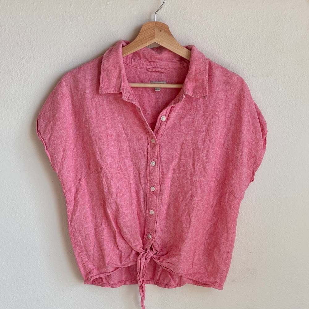 TALBOTS Large Linen Tie-Front Button Shirt Pink